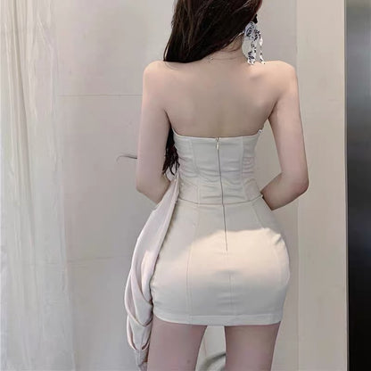 French one-shoulder fishbone tube top dress women's summer dress high-level sexy temperament beautiful hot girl bag hip skirt
