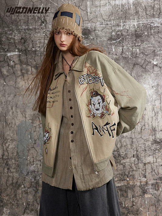 American retro splicing workwear heavy graffiti jacket men and women trendy brand printed motorcycle wear hip-hop casual jacket bf