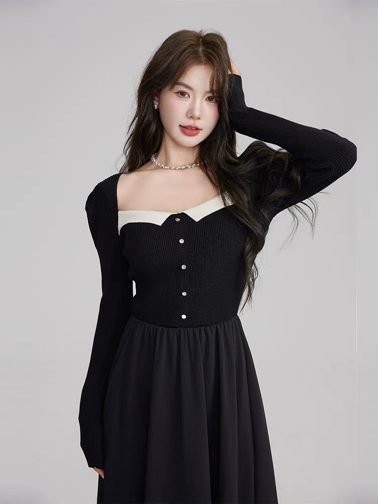 Volstagg French square neck black dress for women autumn knitted patchwork waist Hepburn style little black dress