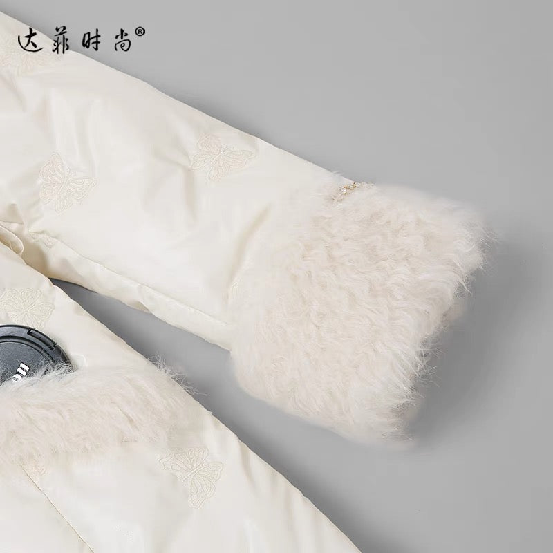 Winter 2023 new women's off-white fur collar mid-length white duck down jacket thickened waist and knee-length