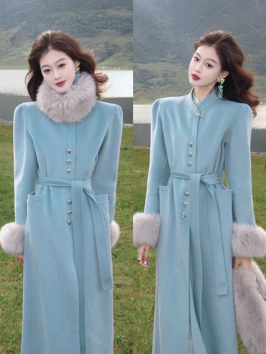 New Chinese style high-end wool coat for women autumn and winter mid-length double-sided woolen coat T2366