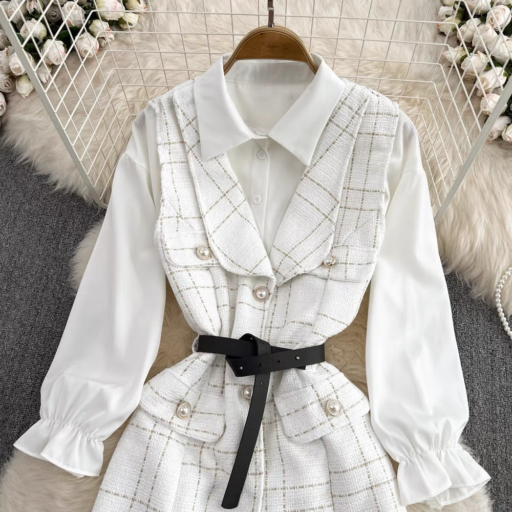 Goddess style lady temperament mid-length single-breasted tweed vest jacket two-piece loose white shirt autumn