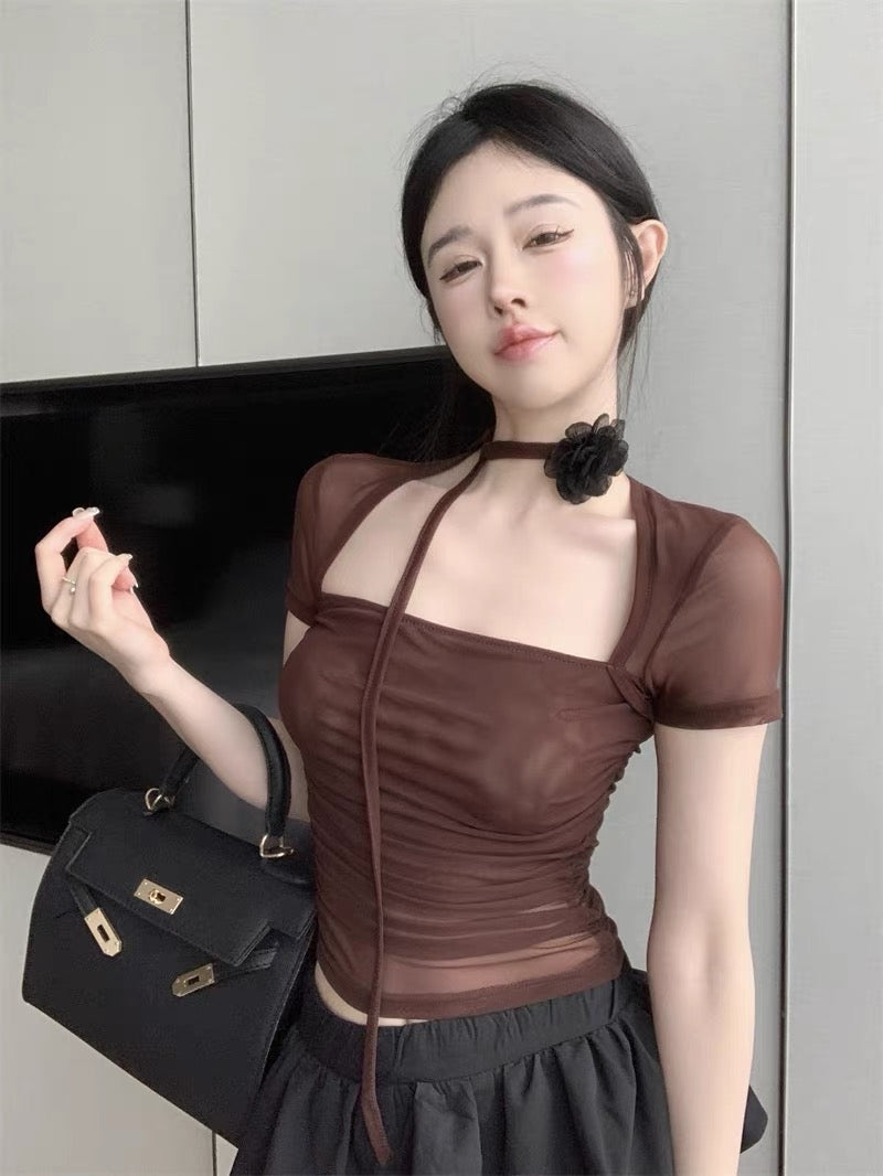 Pure desire square collar mesh short-sleeved t-shirt women's summer dress pleated waist tight bottoming shirt hot girl short section inner top