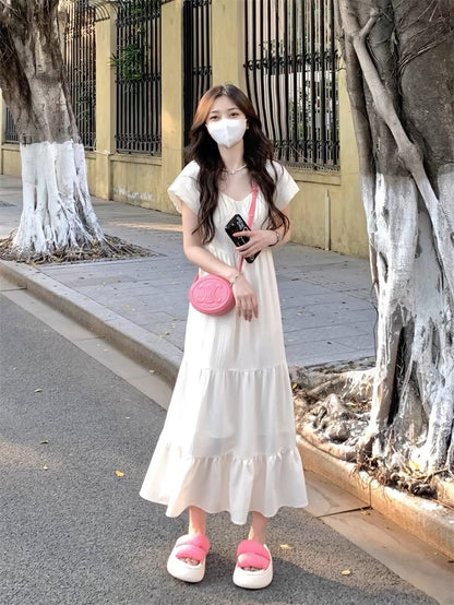 Plus size women's puff sleeve V-neck pleated dress women's 2024 summer new design loose and slim long skirt D249