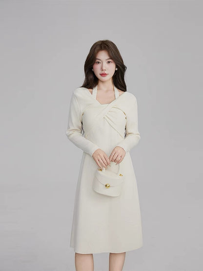 Volstagg white knitted halterneck dress women's autumn French off-shoulder two-wear inner bottoming mid-length skirt