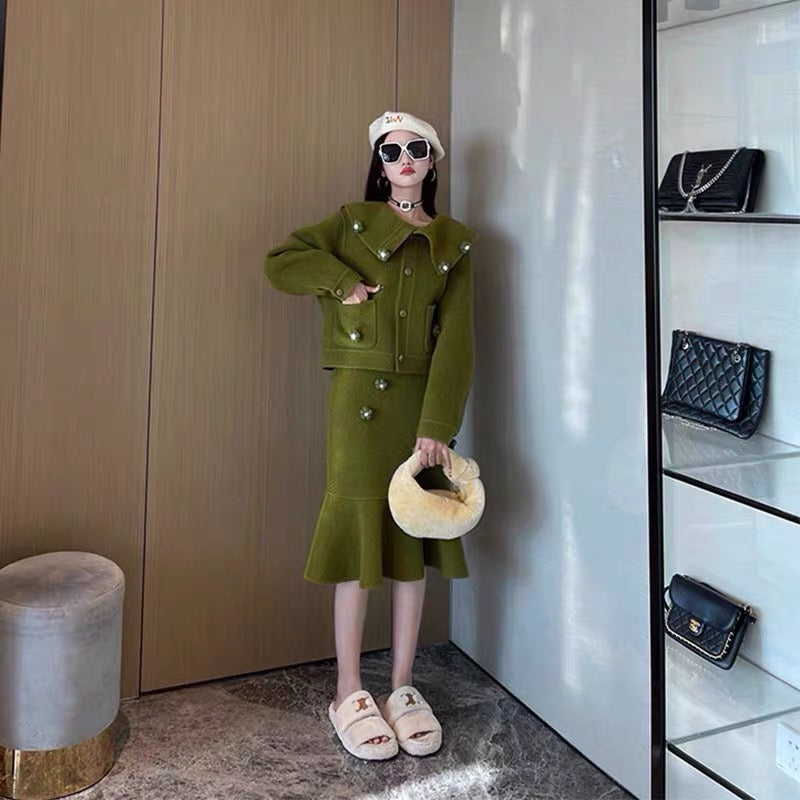 Cream woolen coat, cashmere double-sided woolen suit, fishtail skirt suit, light luxury dress, women's autumn and winter clothing