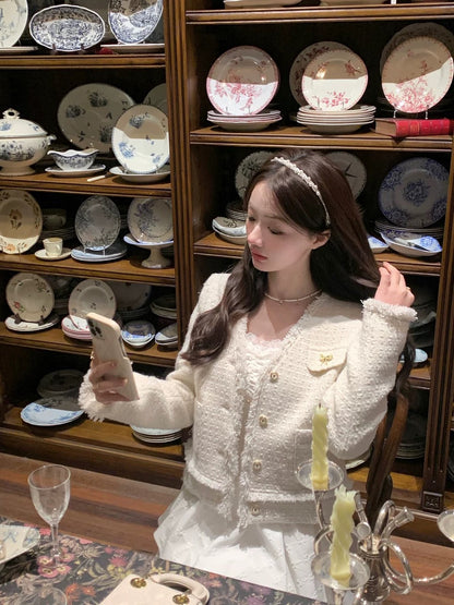 Q Women's Home White Dew under the Moon/French White Jacquard Square Neck Dress Spring Irregular Hem Long Sleeve Little White Dress