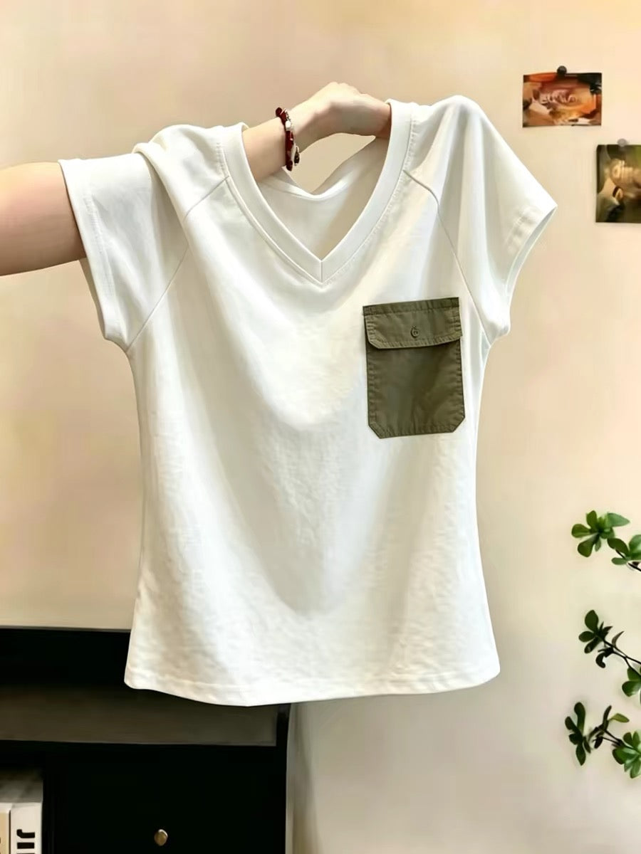 Shenzhen Nanyou Brand Women's Clothing ~ High-end Fashionable Short-sleeved T-shirt with Green Pocket, 2026 Summer Casual Top