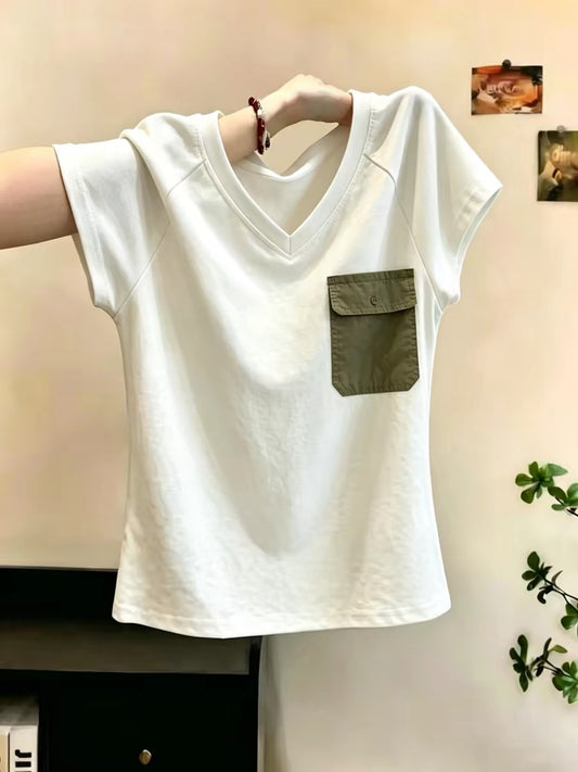 Shenzhen Nanyou Brand Women's Clothing ~ High-end Fashionable Short-sleeved T-shirt with Green Pocket, 2026 Summer Casual Top
