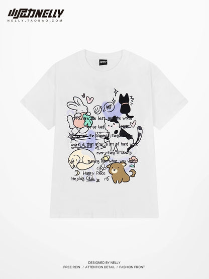American chic fun cartoon print short-sleeved T-shirt for men and women summer loose round neck heavy cotton short-sleeved top