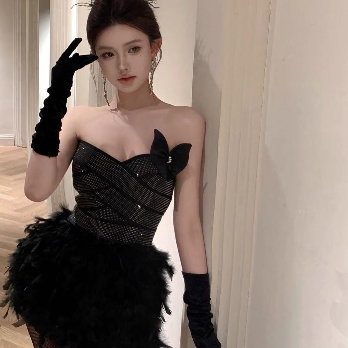 Sexy tube top dress female summer celebrity white birthday dress skirt temperament slim waist furry skirt