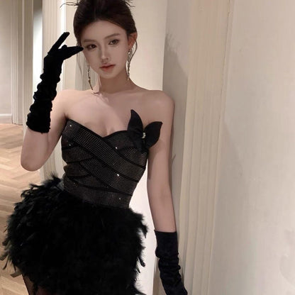 Sexy tube top dress female summer celebrity white birthday dress skirt temperament slim waist furry skirt