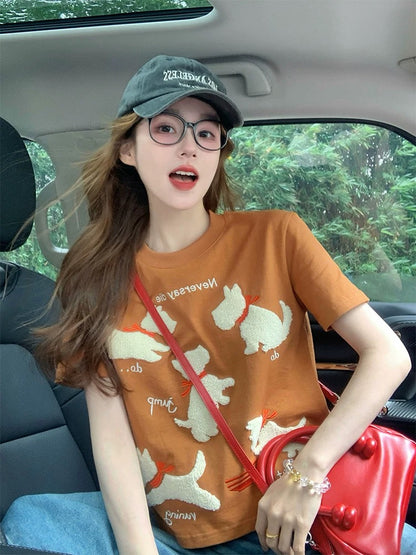 American style puppy straight shoulder short-sleeved T-shirt for women 2025 new summer trendy brand retro design niche short top