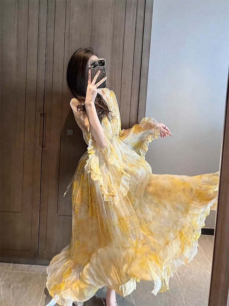 Yellow floral seaside vacation long-sleeved dress for women summer long skirt French chiffon high-end skirt fairy skirt