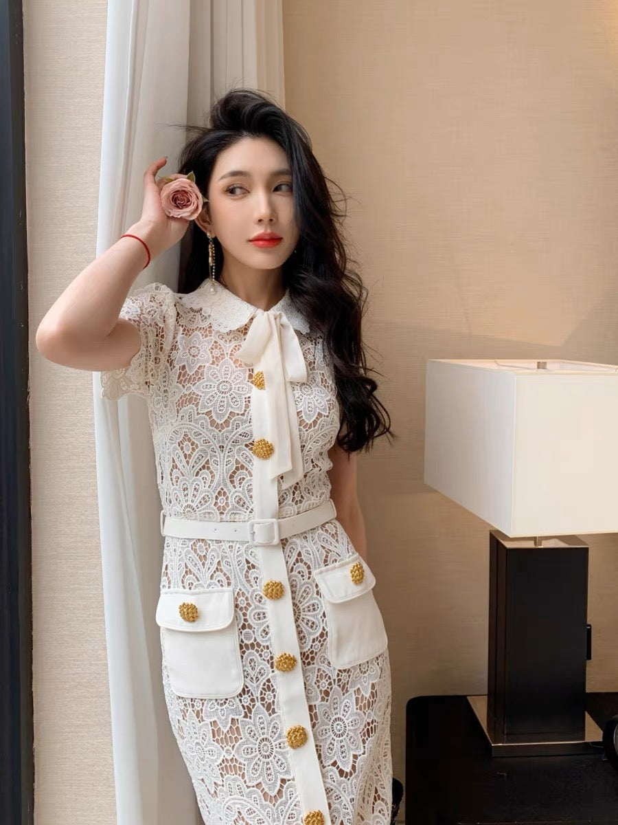 Cream water-soluble lace French retro bow tie short-sleeved lapel dress for rich girl, high-end long dress (D159)