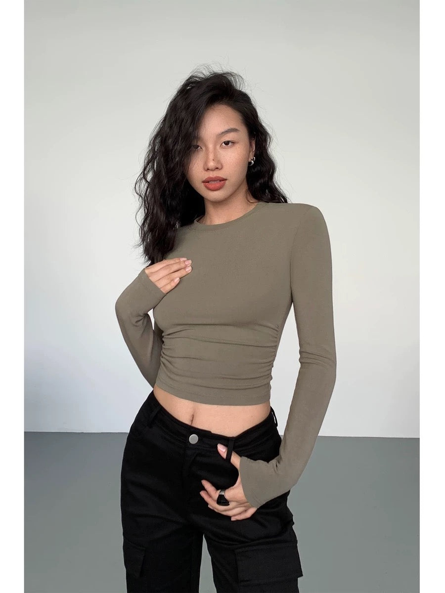 NEVA HU black long-sleeved tight T-shirt bottoming shirt for women Korean style niche slimming short top