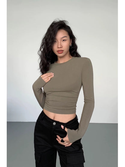 NEVA HU black long-sleeved tight T-shirt bottoming shirt for women Korean style niche slimming short top