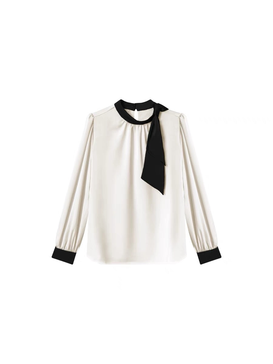 cchen Chen Chen French tie-collar bow high-end sense color contrast shirt design sense small top temperament autumn