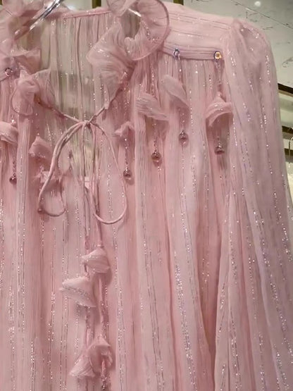 Madino's age-reducing, beautiful and stylish blouse, unique and chic top, light pink beaded chiffon base lining
