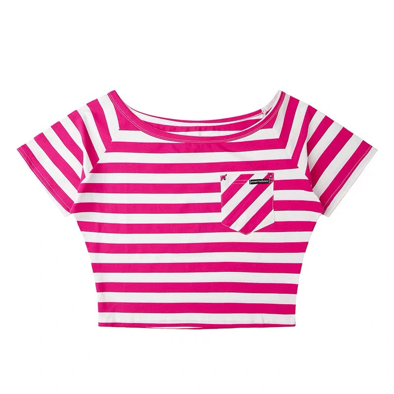 Baobaotang Women's Summer Off-Shoulder Short-Sleeve T-Shirt – American Retro Style, Black & Grey Color-Block Stripes, Slim-Fit, Flattering & Chic