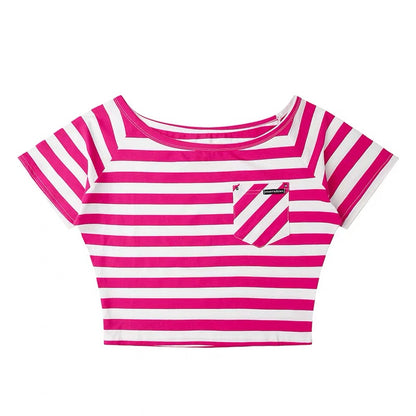 Baobaotang Women's Summer Off-Shoulder Short-Sleeve T-Shirt – American Retro Style, Black & Grey Color-Block Stripes, Slim-Fit, Flattering & Chic