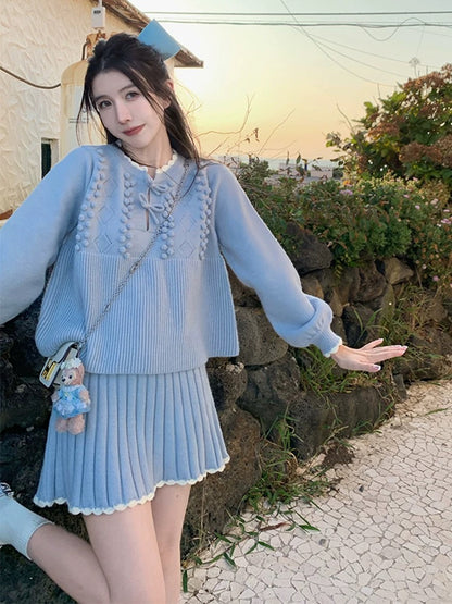 2023 autumn and winter new style small fragrant blue knitted sweater skirt suit for women Korean style gentle and sweet two-piece set T9690
