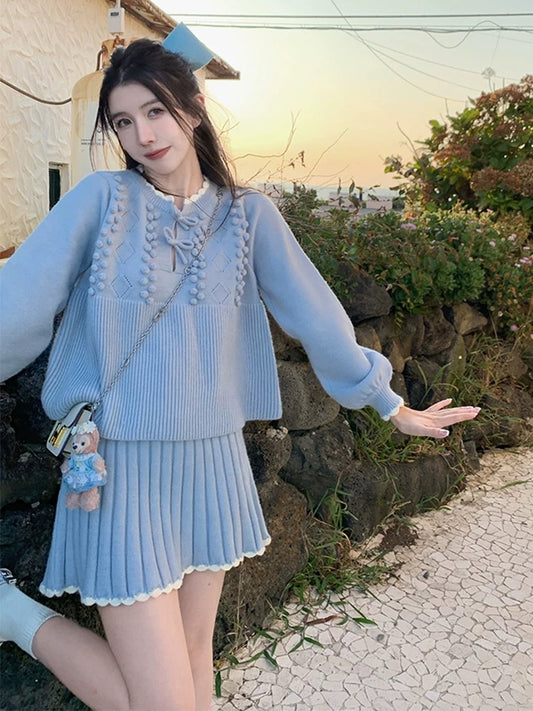 2023 autumn and winter new style small fragrant blue knitted sweater skirt suit for women Korean style gentle and sweet two-piece set T9690