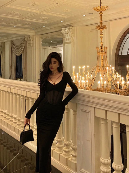 Godfrey Pure Desire Black Fishbone Dress Women's 2023 Autumn and Winter New Niche Waist Slit Cover Hip Long Skirt