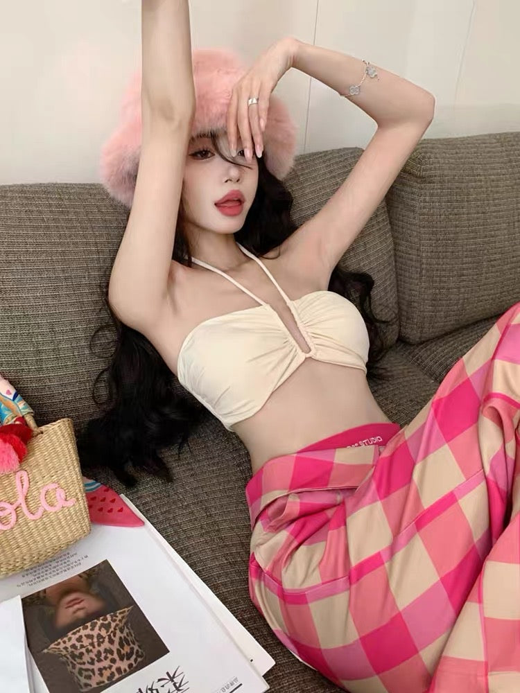 Seaside wear sexy hot girl tube top halter neck camisole suit female plaid wide-leg casual trousers two-piece set