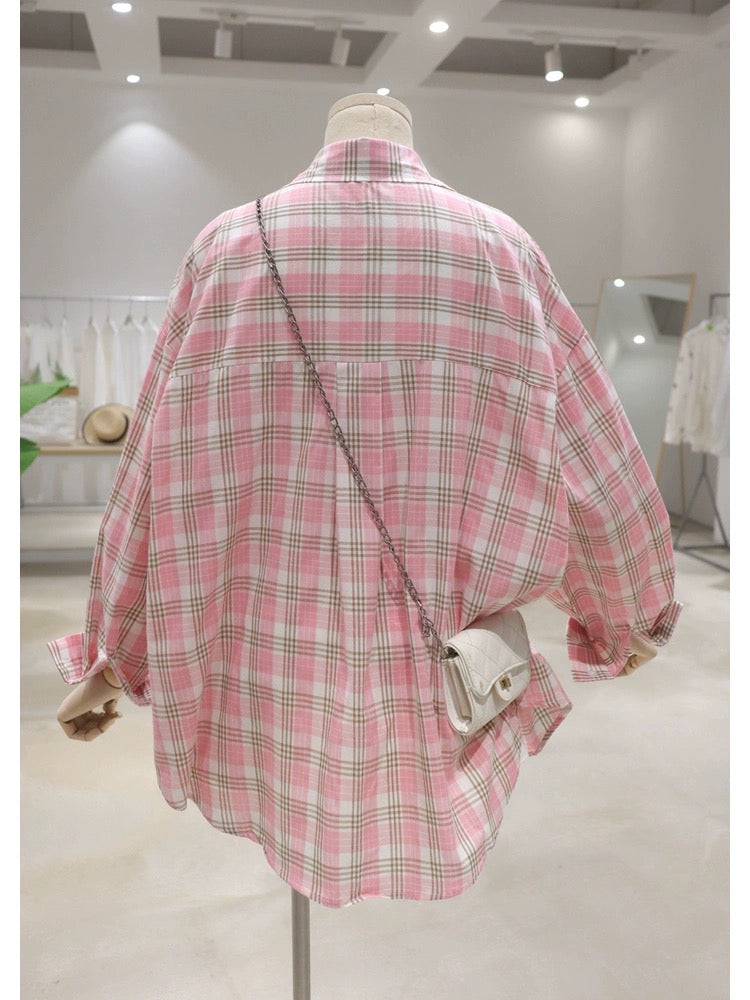 Breathable pocket bow print 2024 summer loose medium-length thin long-sleeved sunscreen plaid shirt for women