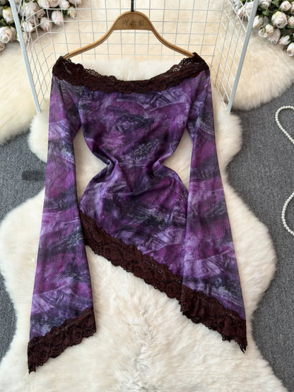 Amorous tops for summer women rose print lace splicing mesh bottoming shirts for women 2024 new style trend