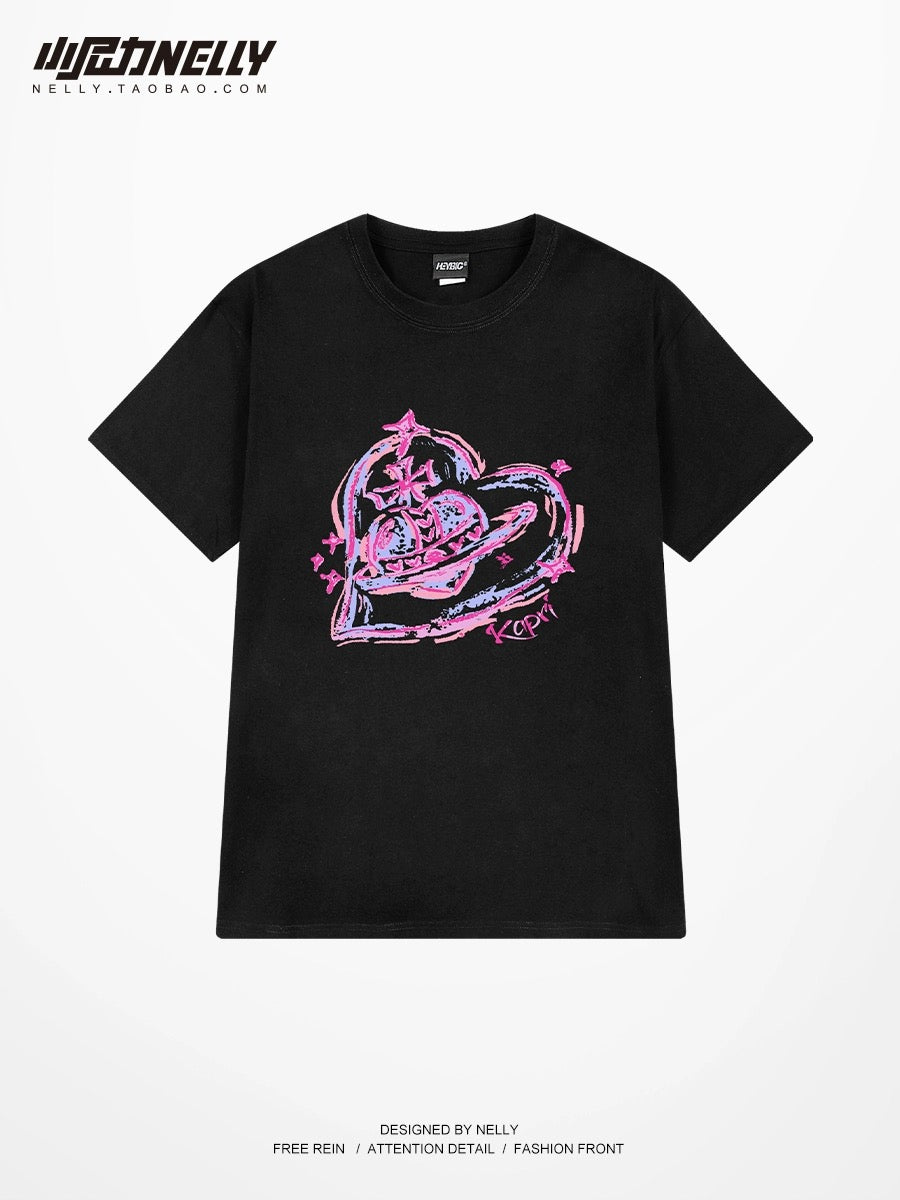oversize love printed short-sleeved T-shirt for men and women, autumn trendy pure cotton student T-shirt, couple top