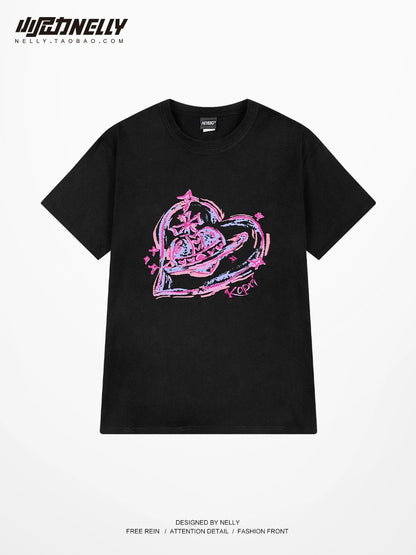 oversize love printed short-sleeved T-shirt for men and women, autumn trendy pure cotton student T-shirt, couple top