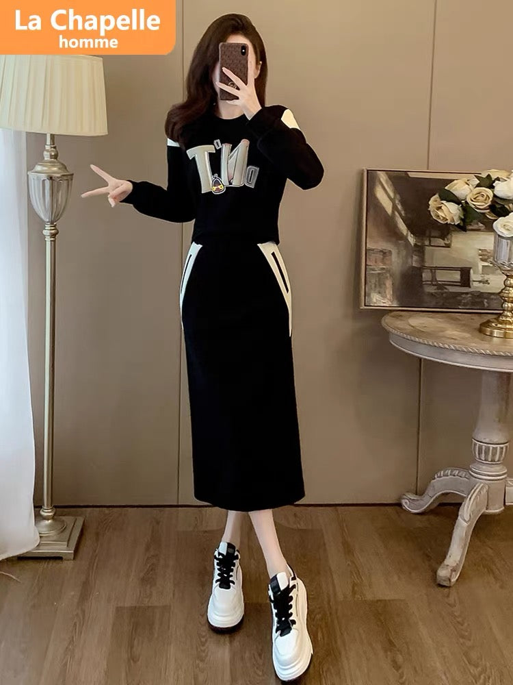 La Chapelle casual sports suit skirt women's autumn and winter 2023 new fashionable style sweatshirt two-piece set plus velvet