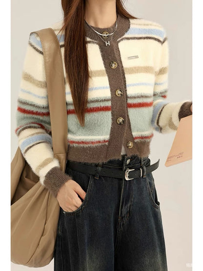Yang Paopao American retro striped contrasting short sweater jacket for women in autumn small round neck knitted top