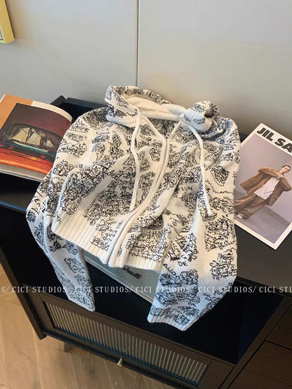 Design map embroidered hooded knitted cardigan for women autumn 2023 new style small short casual sweater jacket