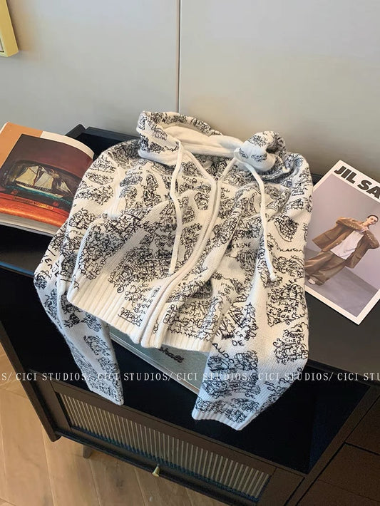 Design map embroidered hooded knitted cardigan for women autumn 2023 new style small short casual sweater jacket