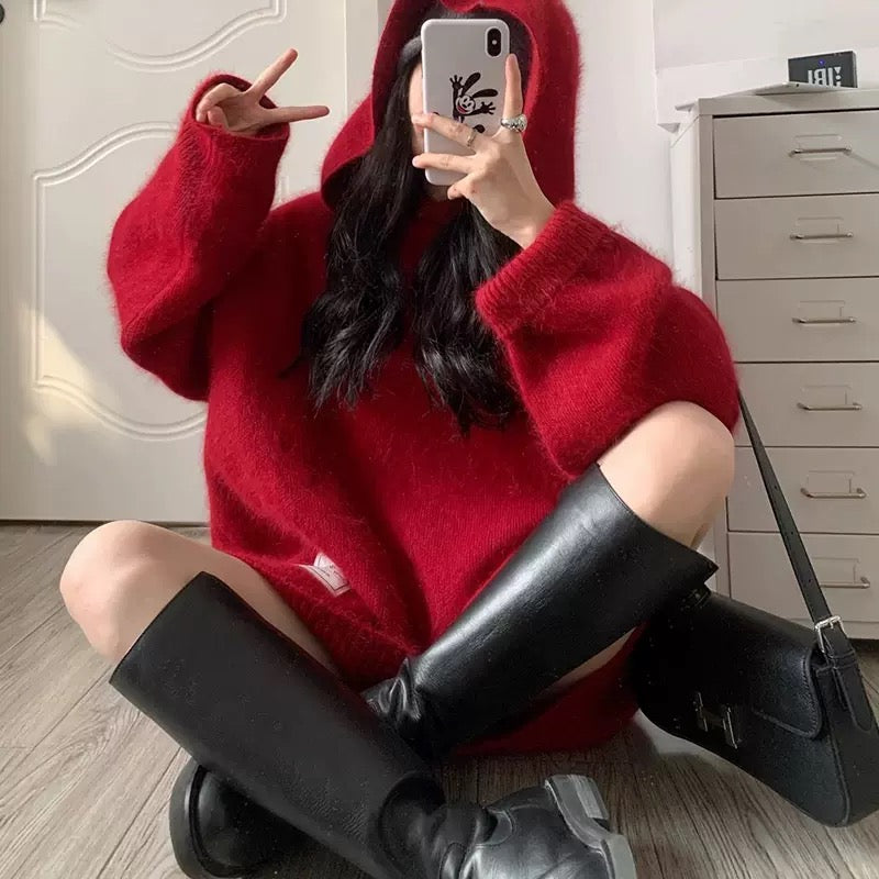 High-end fashionable red sweater for women in autumn and winter, lazy style hooded sweater, loose soft waxy top, trendy T9498