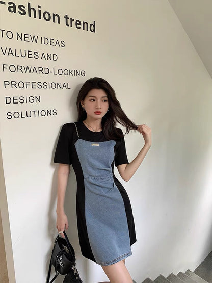 Mr. Zhang's 2023 new summer plus size women's clothing with temperament and royal sister splicing design denim fashionable dress for women (D789)
