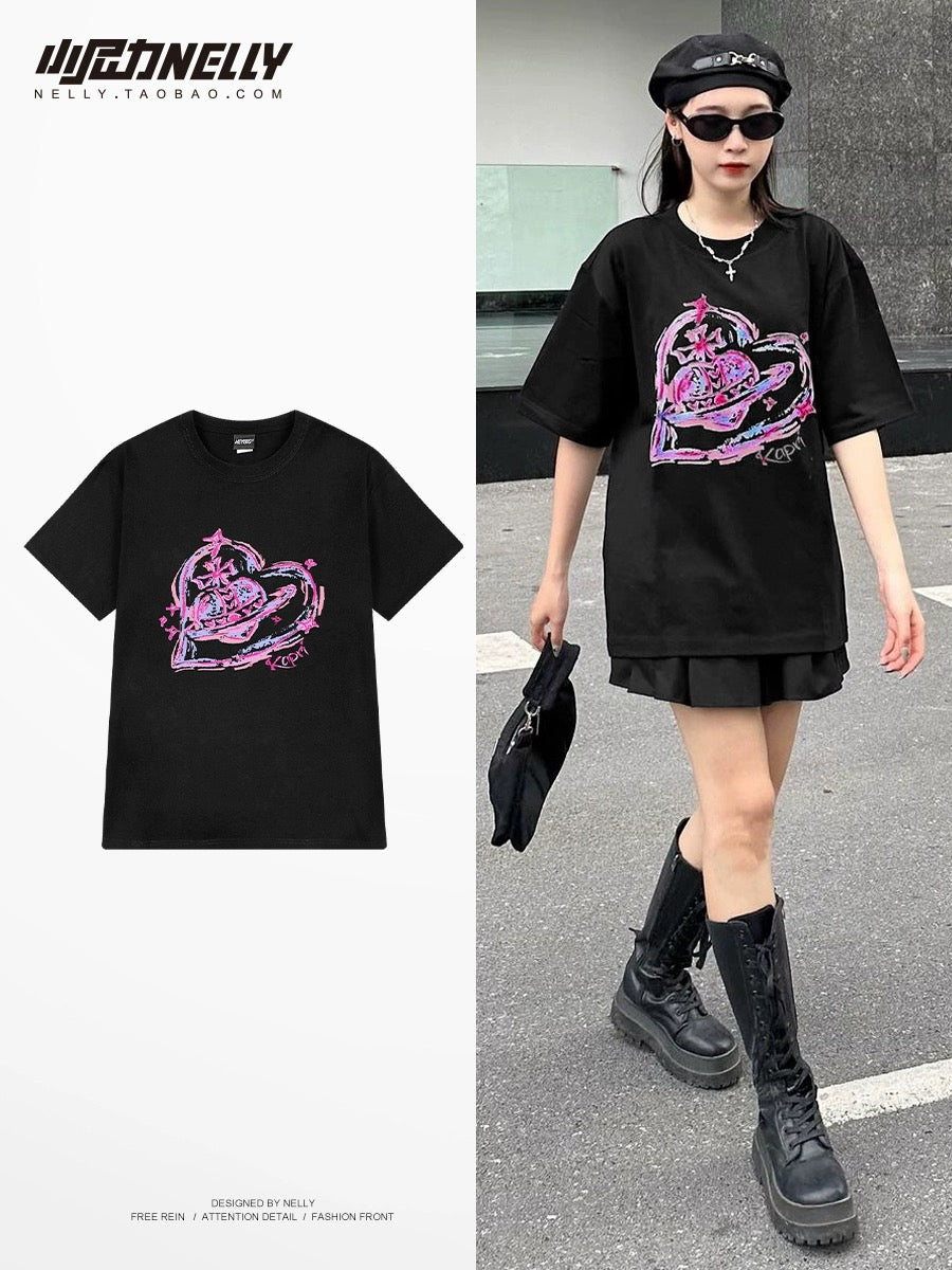 oversize love printed short-sleeved T-shirt for men and women, autumn trendy pure cotton student T-shirt, couple top