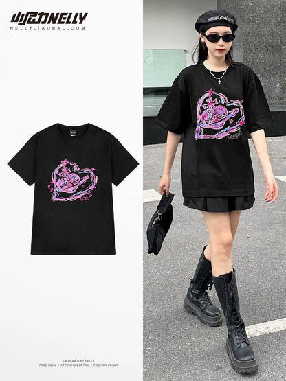 oversize love printed short-sleeved T-shirt for men and women, autumn trendy pure cotton student T-shirt, couple top