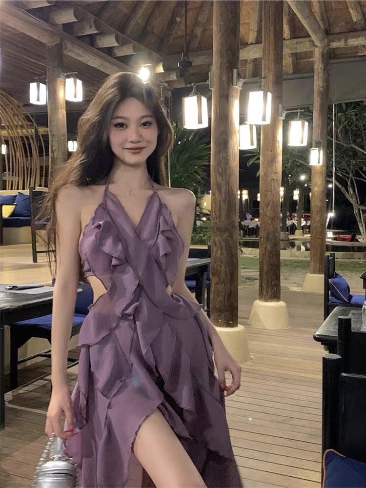 Large size French super fairy purple sling dress female summer ruffled v-neck sexy open back seaside beach dress