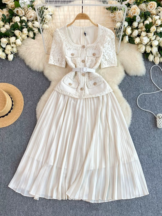 French Chanel style dress for women high-end exquisite temperament square collar lace splicing pleated long skirt celebrity dress