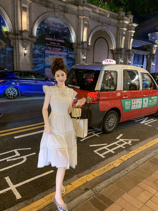 Fish Rabbit Rabbit French flying sleeve dress female summer new style small fragrance style medium long white skirt