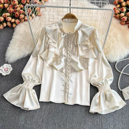 Palace style retro temperament trumpet sleeve stand collar acetate satin shirt French design feeling western style loose top women