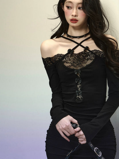 Shao Ye Eyes Goddess Venus Lace Sexy Dress Women Autumn and Winter Long Sleeve Slimming Halter Neck Hip Skirt Long Skirt