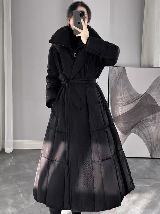 Black hooded down jacket for women winter 2023 new style belted waist slimming mid-length white duck down jacket