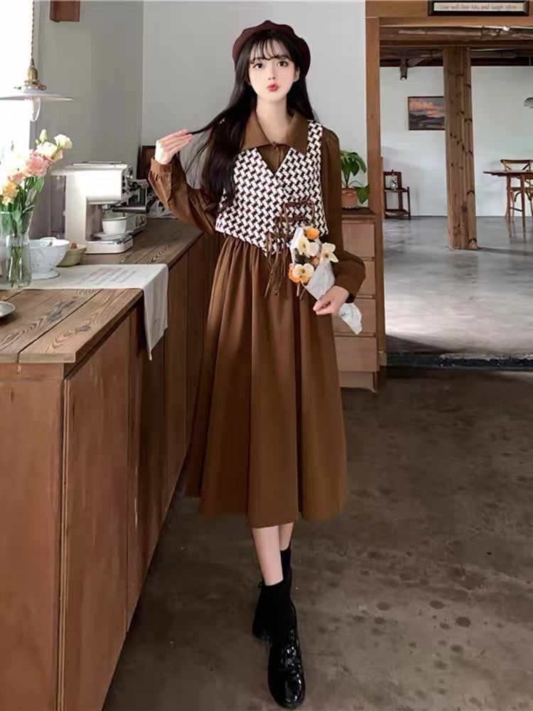 Plus size college small fragrance style two-piece suit dress autumn new style plate buckle houndstooth vest slimming long skirt (S0979)