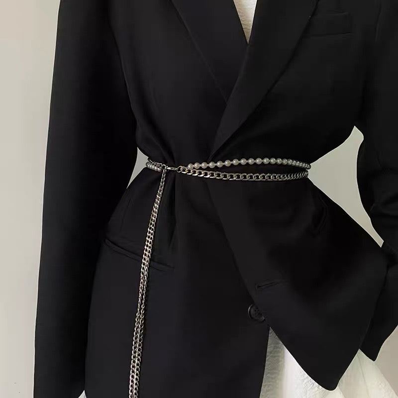 Belt women's high-end sense with skirt all-match new pearl thin waist chain suit girdle design sense of ins wind belt