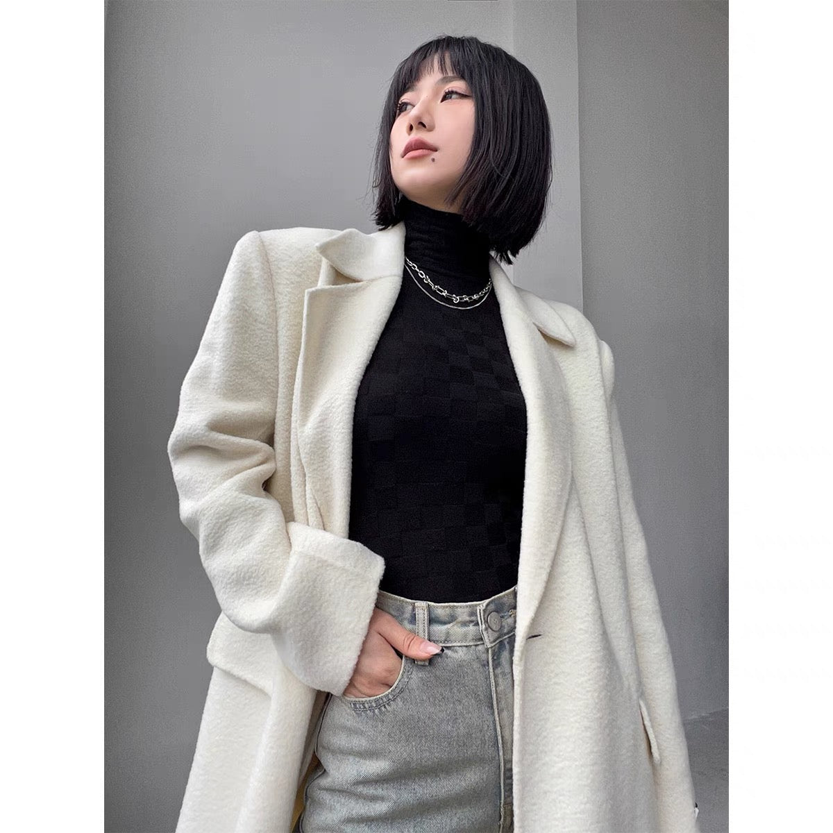 PAPERLLL Xinjian autumn and winter new visual sense high collar checkerboard fleece bottoming shirt versatile tight and warm inner wear (D7812)